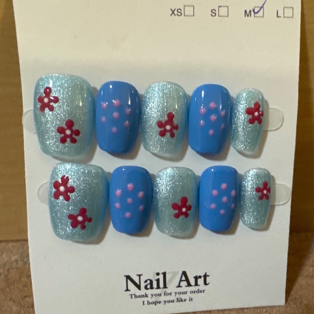 Blue Floral Press On Nails Glitter Medium Square Oval Nail Art Set 10pc